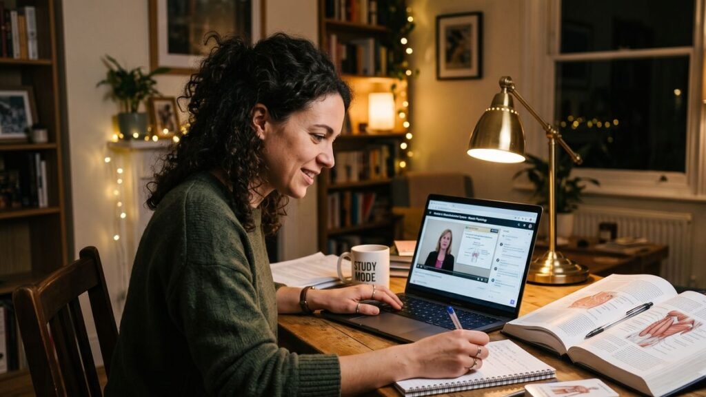Adult student completing online nursing program coursework at home