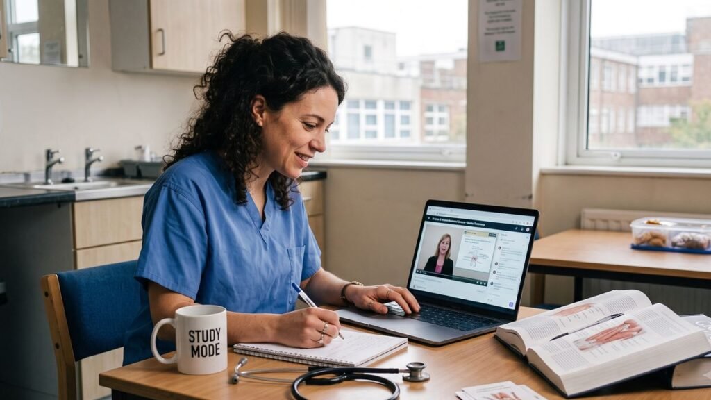 Adult student completing online nursing program coursework at home