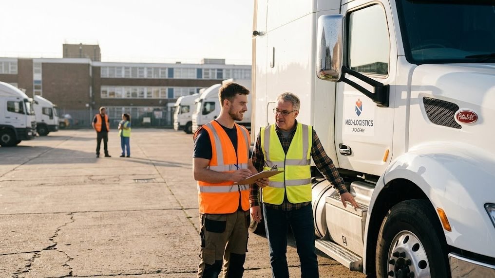 CDL student with instructor at a paid company training program