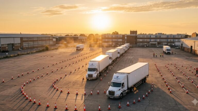 Truck driving school practice yard with training vehicles